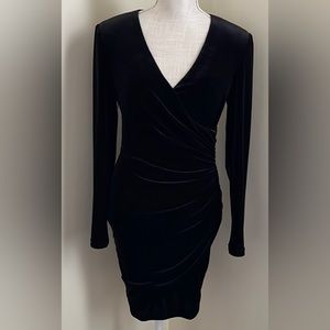 ALEX MARIE V NECK BLACK VELVET, RUCHE FAUX WRAP DRESS NWOT